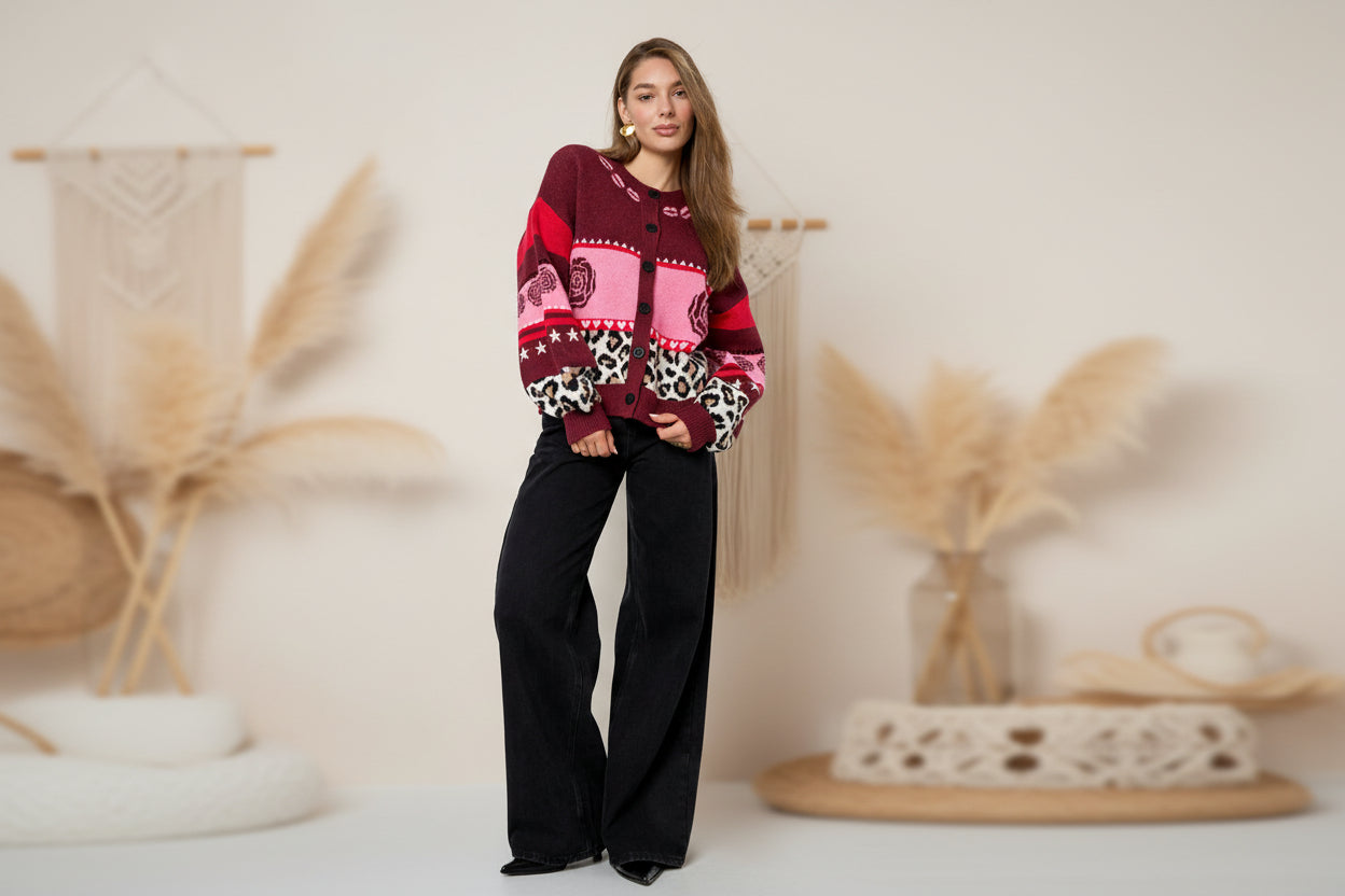 Knitted Polyester Fiber Women's Cardigan Casual Floral Print