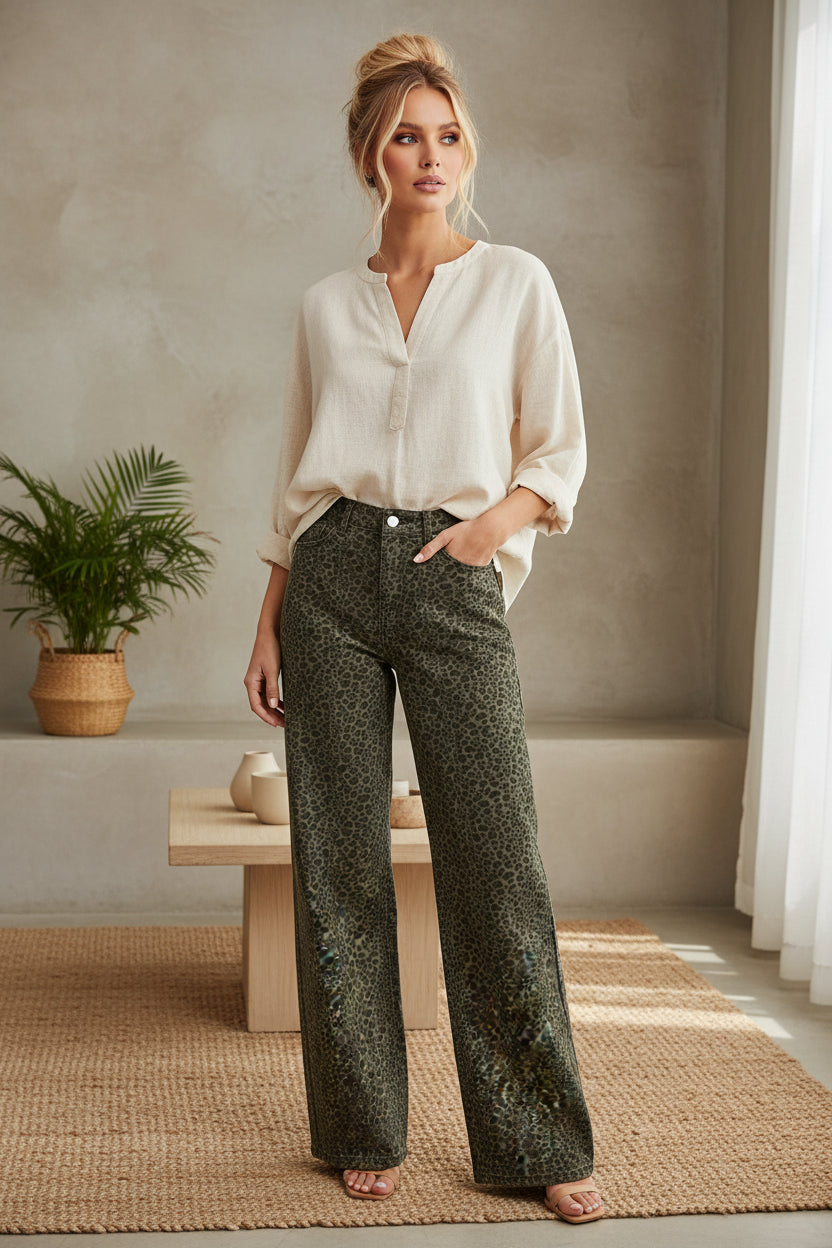 Woven Cotton Women's Straight Leg Pants Leopard Print Fall/Winter