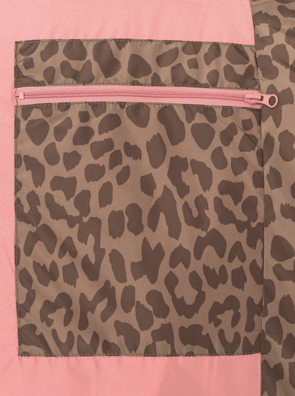 Detailaufnahme des Zwillingsherz Leo-Steppmantels in Khaki mit Leoparden-Allover-Muster und rosafarbenem Reißverschluss