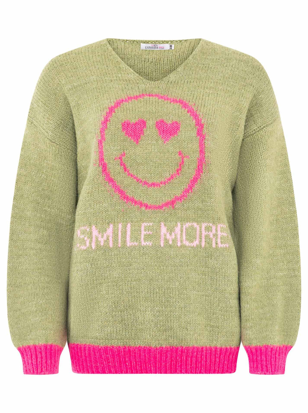 Olivgrüner Zwillingsherz Strickpullover mit pinkem Smiley-Print und V-Ausschnitt, Frontansicht auf weißem Hintergrund
