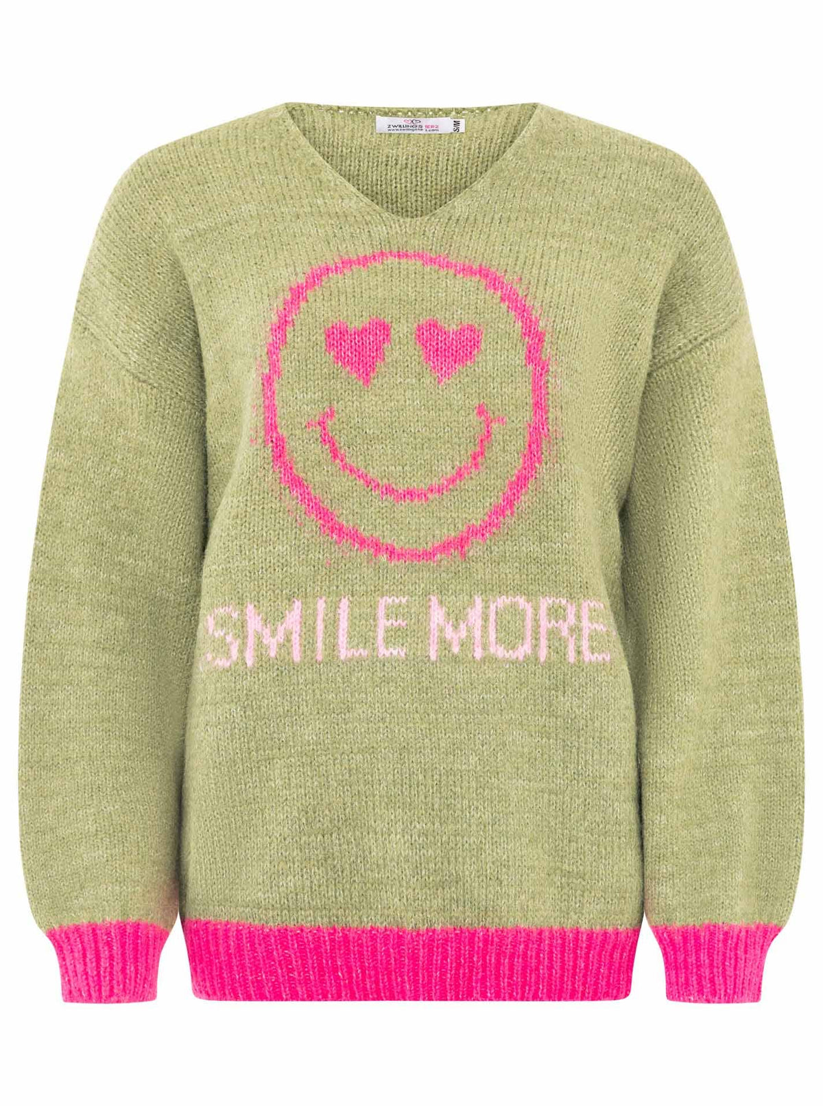 Olivgrüner Zwillingsherz Strickpullover mit pinkem Smiley-Print und V-Ausschnitt, Frontansicht auf weißem Hintergrund