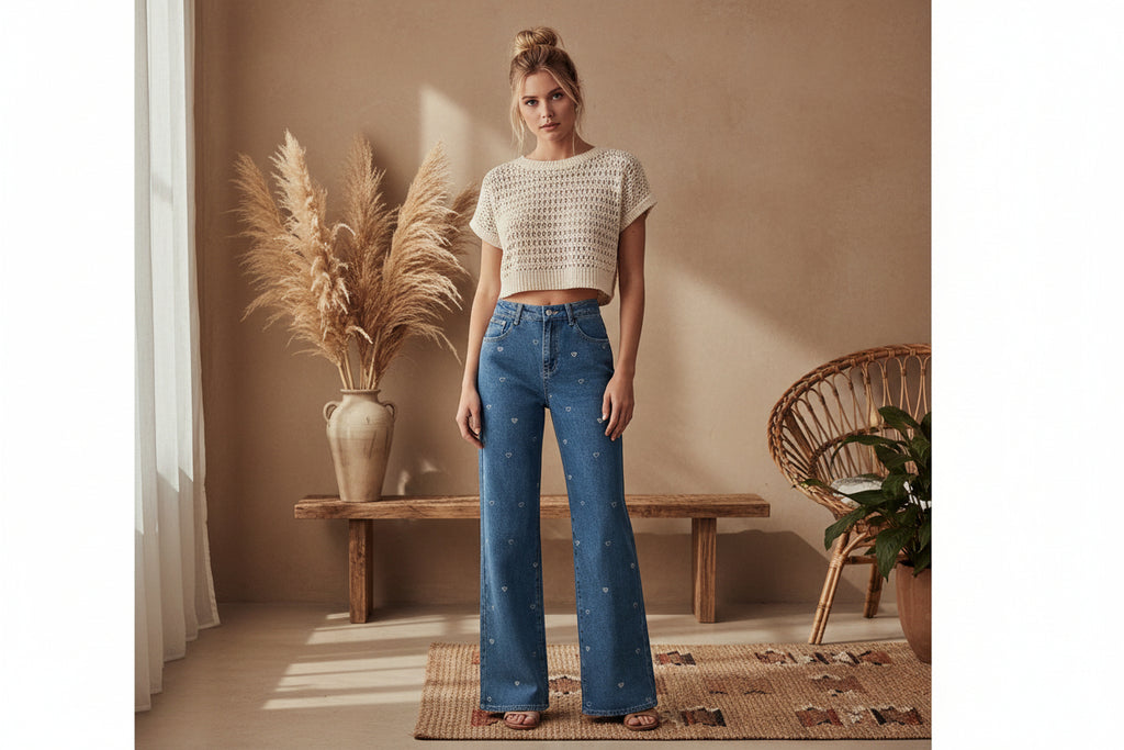 Cotton Woven Women's Straight Leg Denim Pants Heart Embroidery Casual