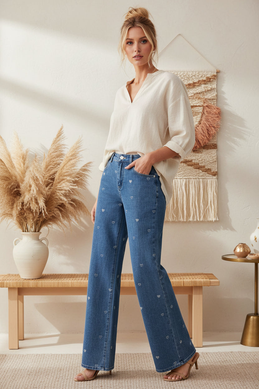 Cotton Woven Women's Straight Leg Denim Pants Heart Embroidery Casual