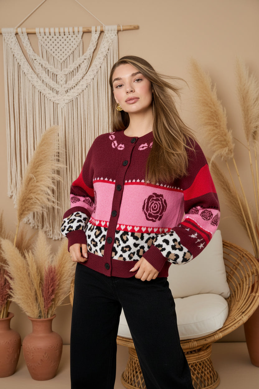 Knitted Polyester Fiber Women's Cardigan Casual Floral Print