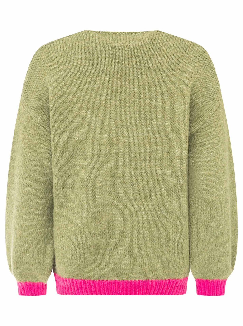 Zwillingsherz Strickpullover in Olivgrün mit pinken Kontrastbündchen, Rückansicht auf weißem Hintergrund