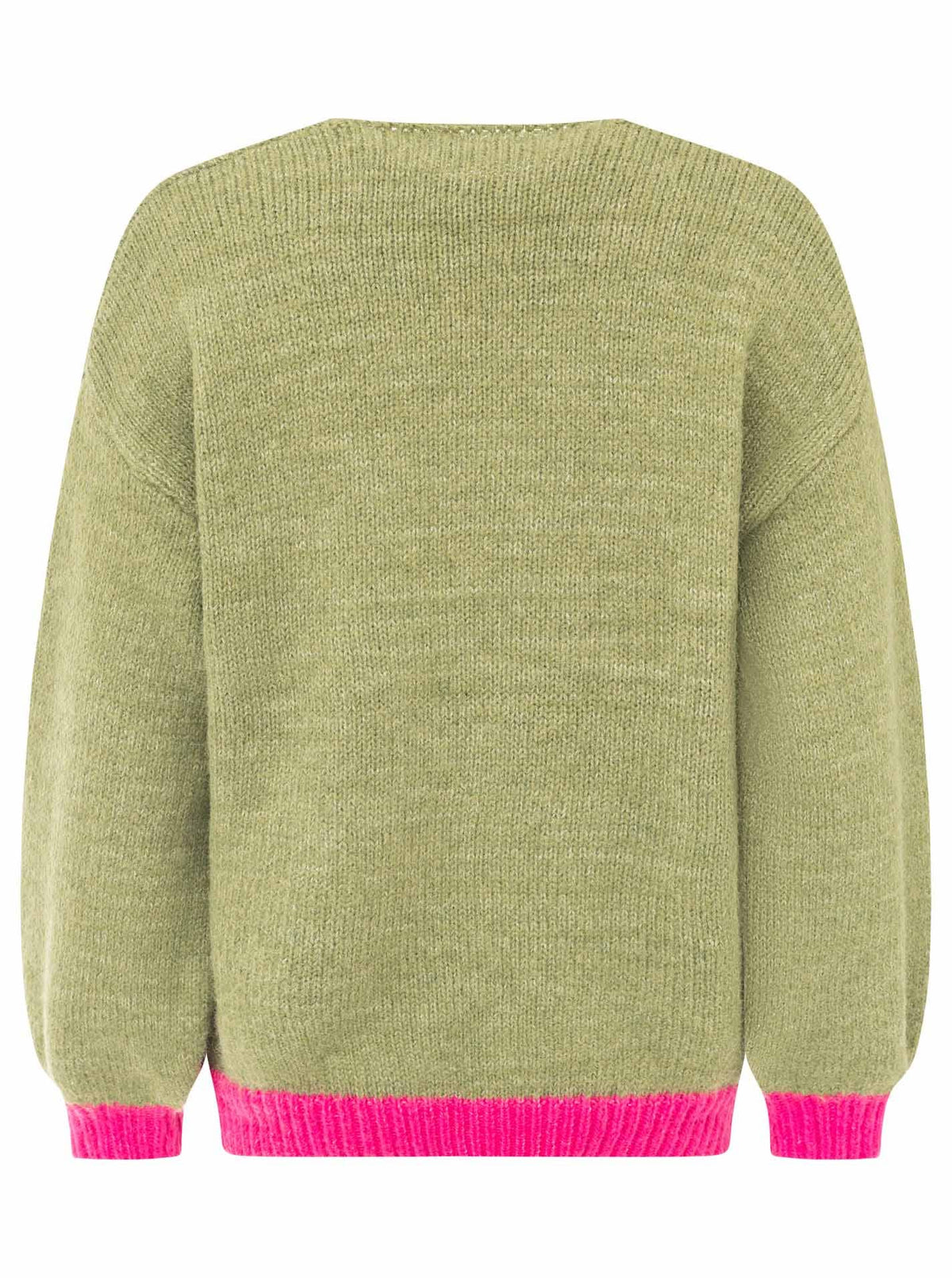 Zwillingsherz Strickpullover in Olivgrün mit pinken Kontrastbündchen, Rückansicht auf weißem Hintergrund
