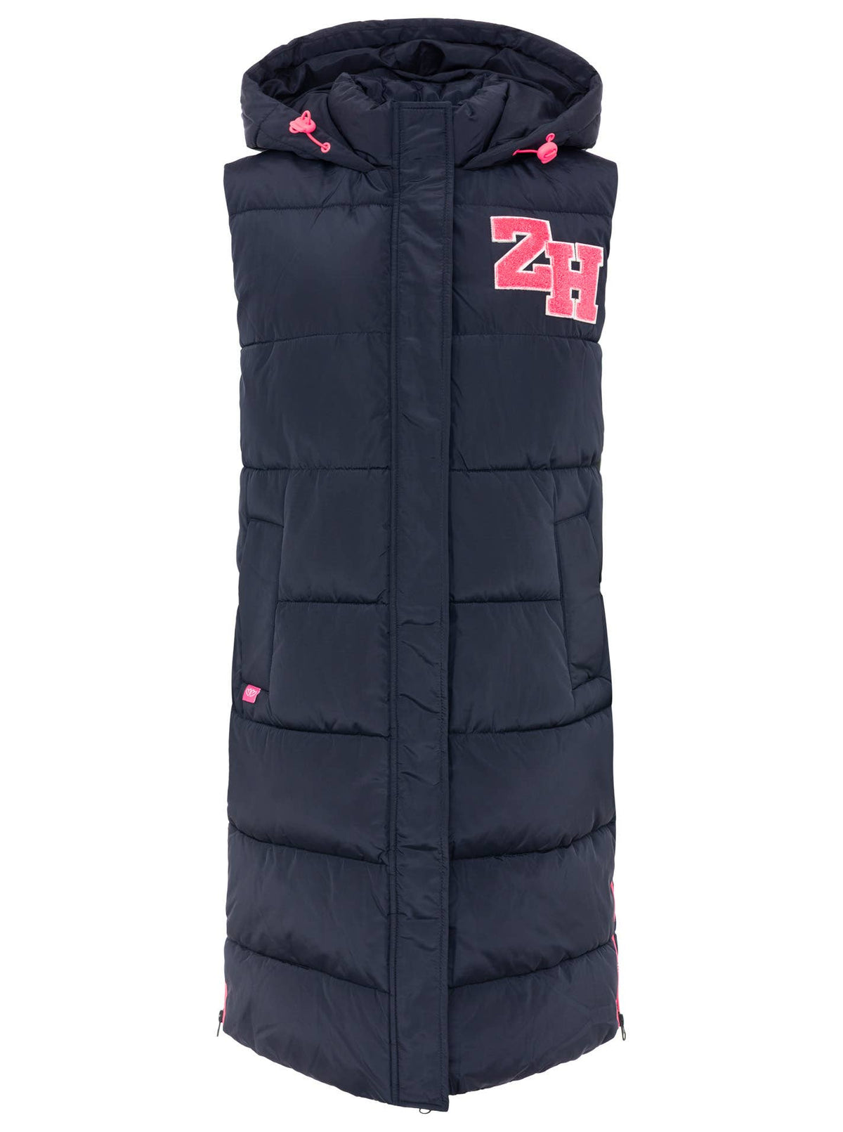 Dunkelblaue gesteppte Damen-Steppweste mit Kapuze und pinken Details im Boho-Luxe Stil.