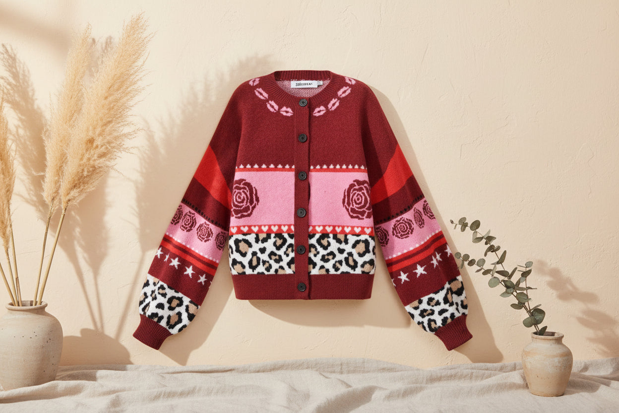 Knitted Polyester Fiber Women's Cardigan Casual Floral Print