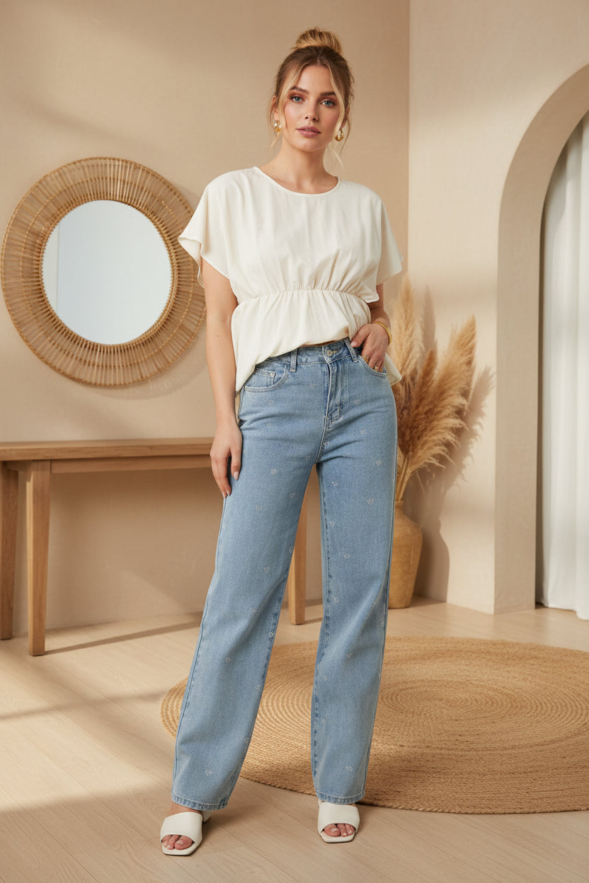 Cotton Woven Women's Straight Leg Denim Pants Heart Embroidery Casual