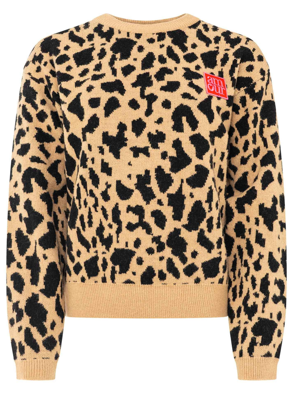 Zwillingsherz Leo Amour Patch Pullover Damen Beige mit rotem AMOUR-Brustpatch, Frontansicht auf weißem Hintergrund