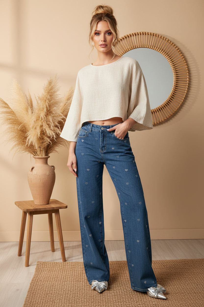 Cotton Woven Women's Straight Leg Denim Pants Heart Embroidery Casual