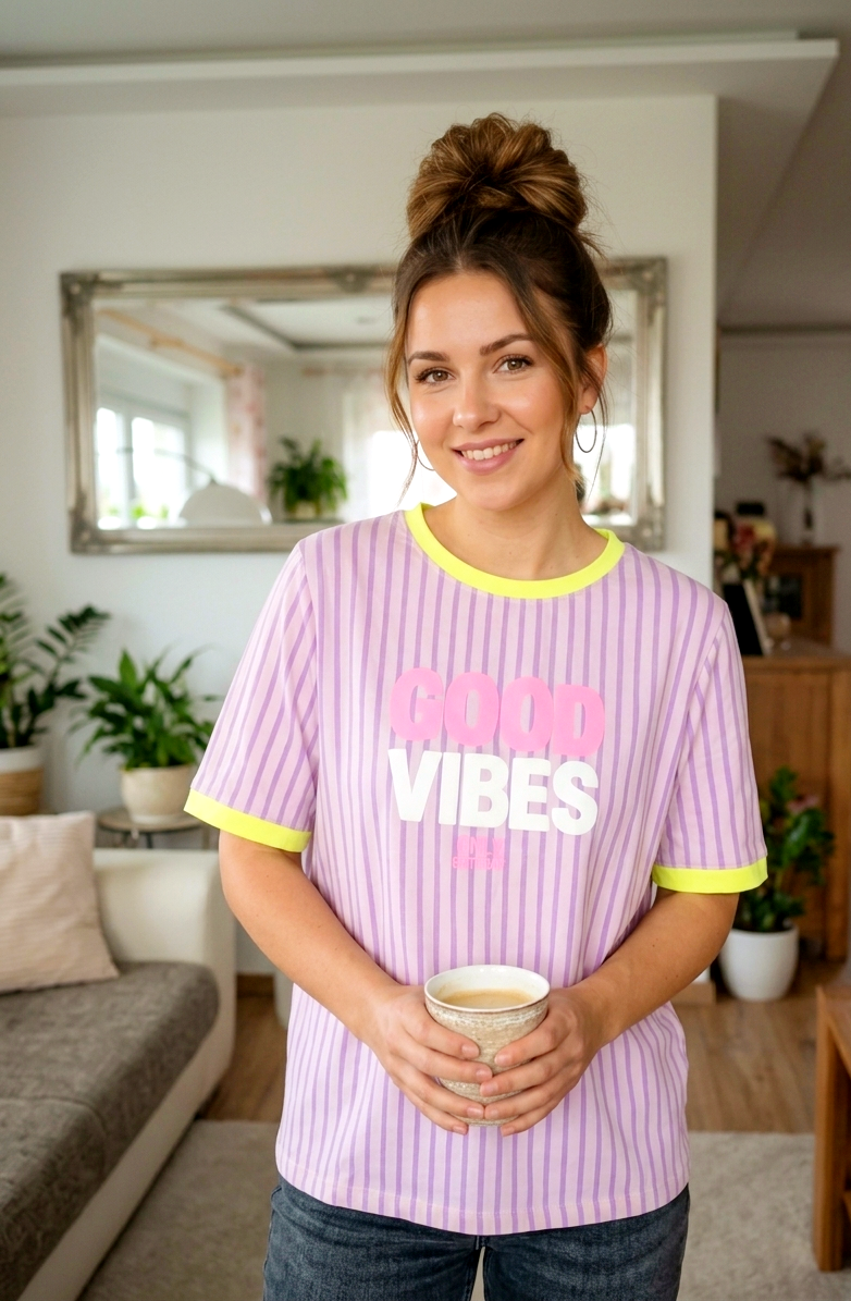 Statement T-Shirt Good Vibes gestreift mit Neon-Details | Casual Fit Gr. S-L
