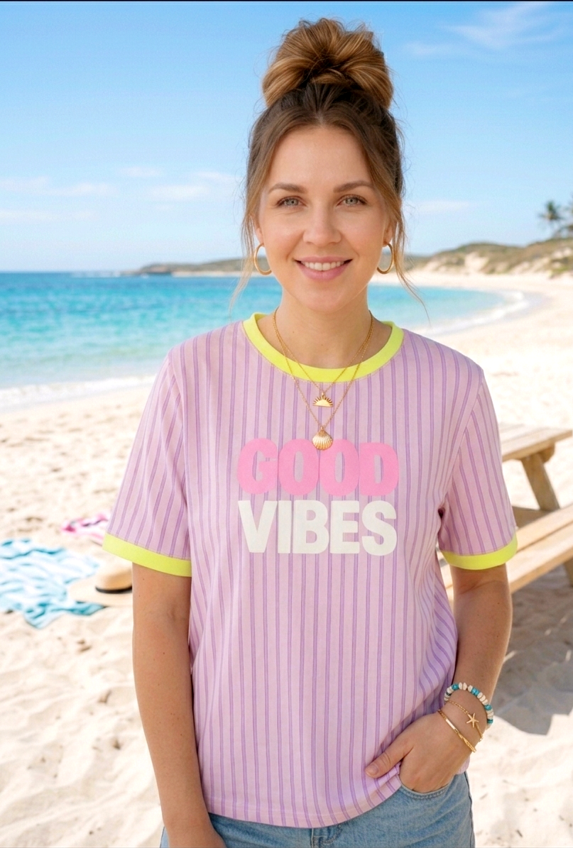Statement T-Shirt Good Vibes gestreift mit Neon-Details | Casual Fit Gr. S-L