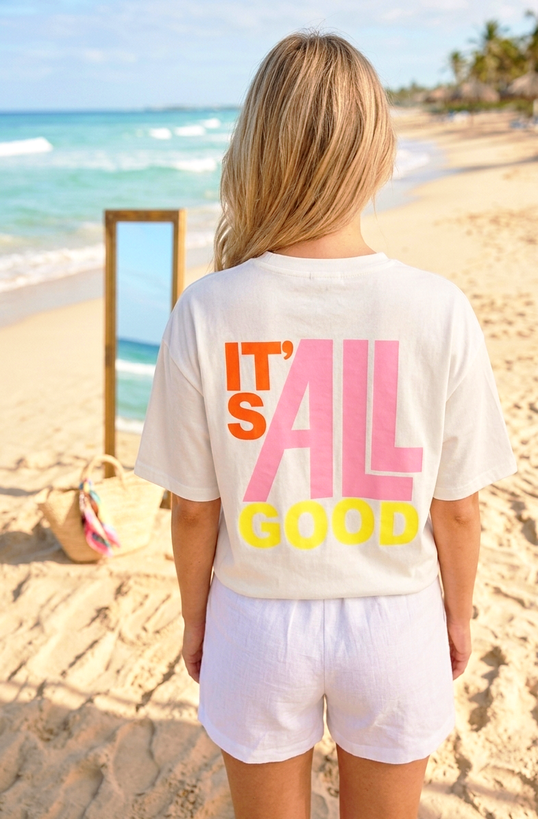 Damen Zweiteiler Set Its All Good – Oversize T-Shirt & Shorts mit Statement-Print Weiss