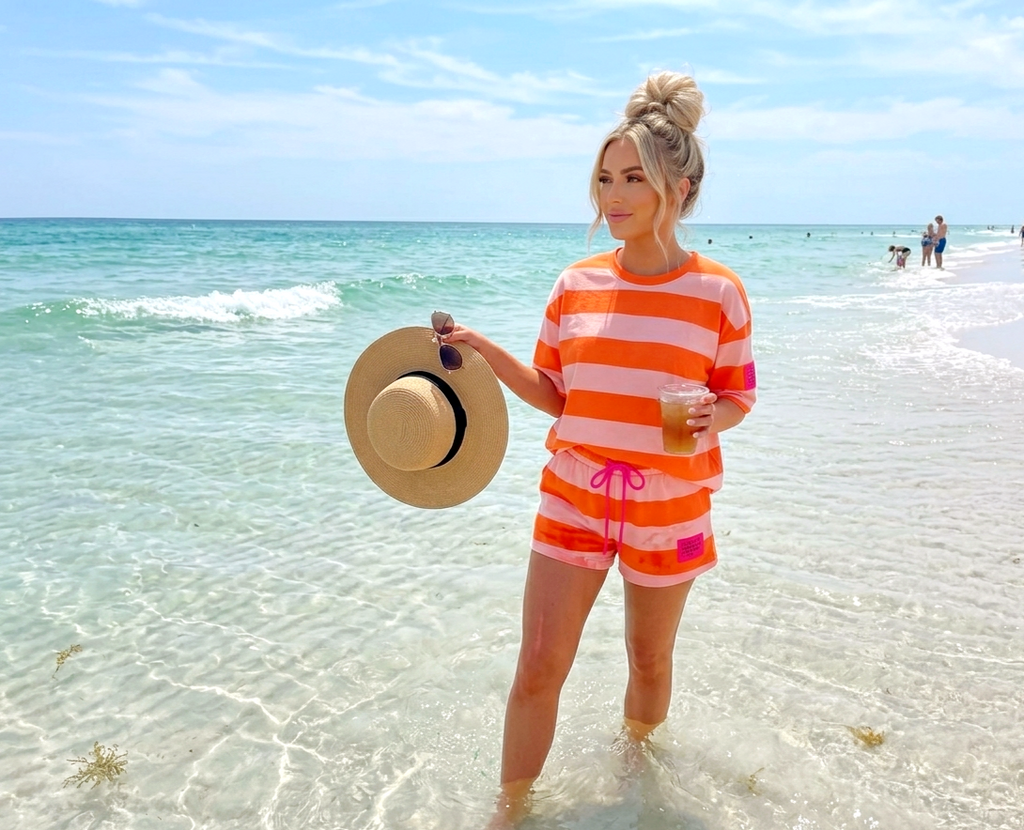Sommer Zweiteiler Set "Sunset Beach" | Orange & Pink gestreift | Butterstoff (Gr. S-L)