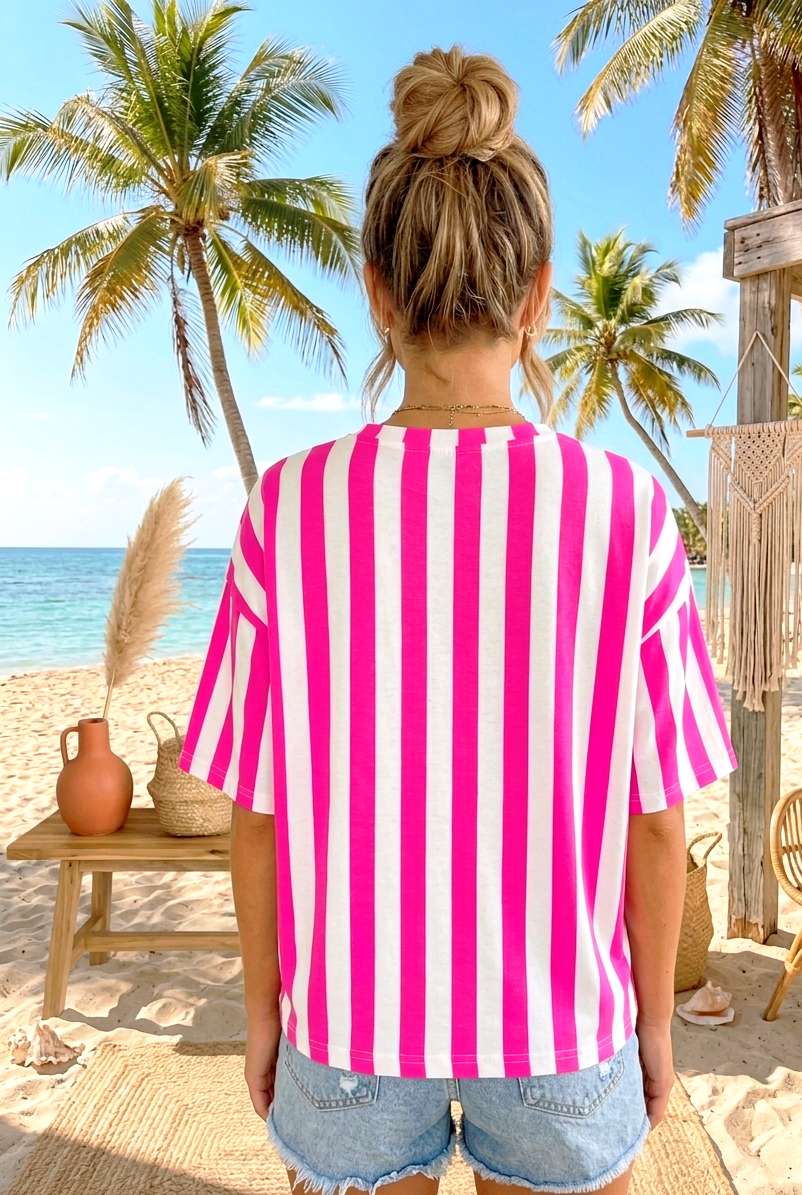 Malibu Oversize Shirt – Neon Pink Streifen