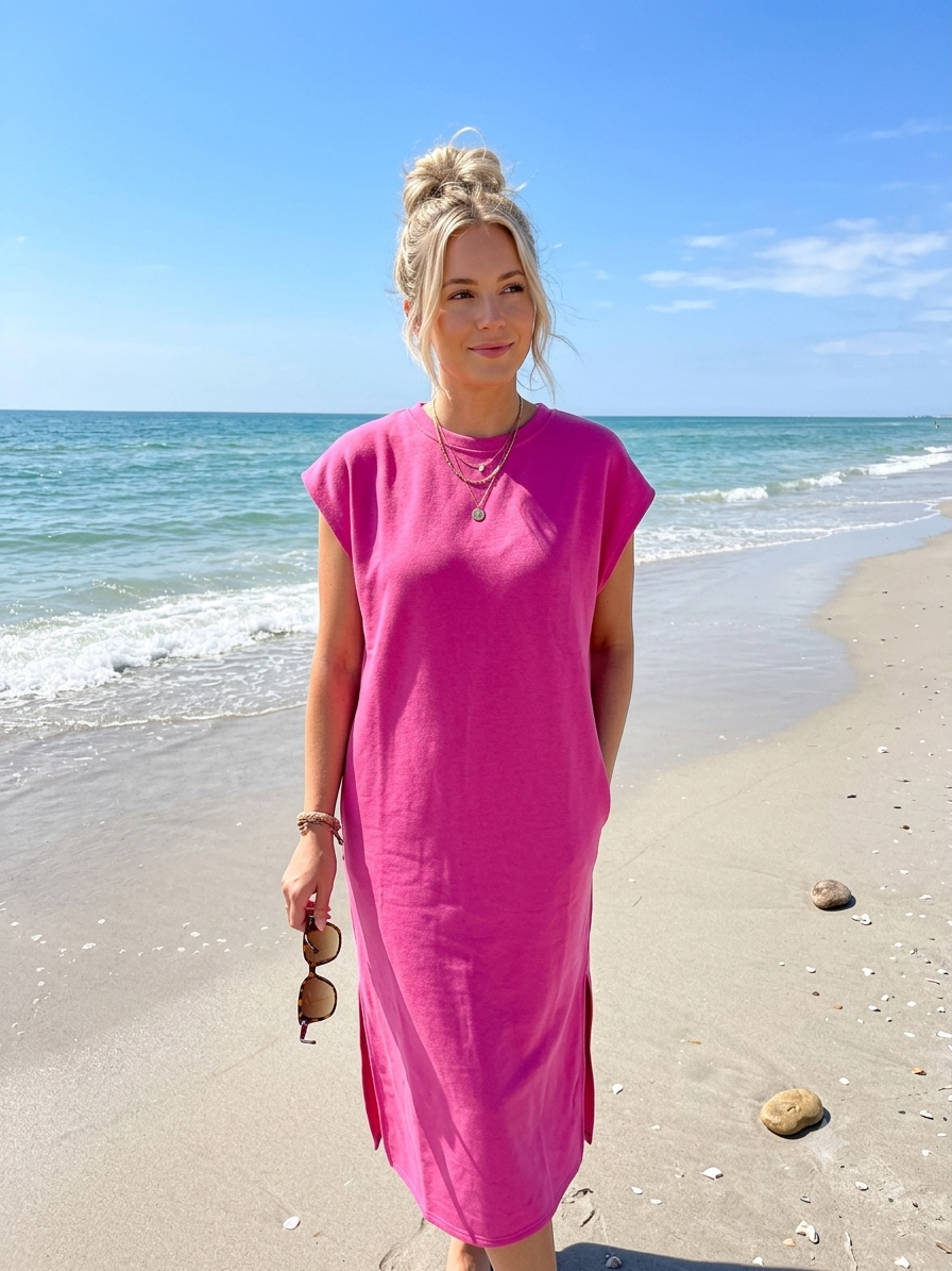 T-Shirt Mididress mit Seitenschlitzen | Braun & Pink | One Size S-L