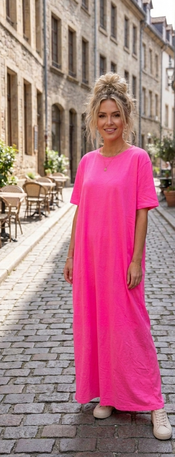 Neonpinkes Oversize Maxikleid | T-Shirt-Style | Gr. S–L