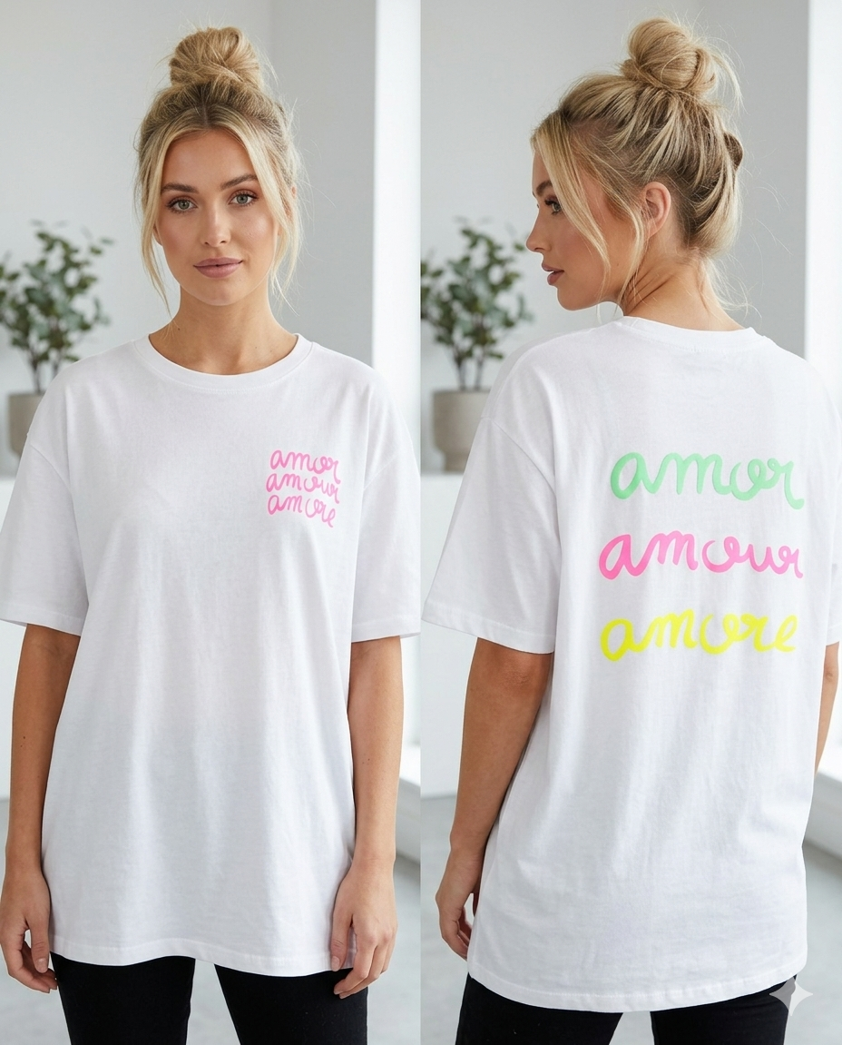 Oversize Statement T-Shirt "Amor Amour Amore" mit Rückenprint – Weiß | Gr. S–L