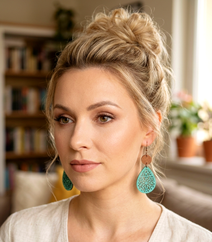 Boho Holz Ohrhänger „Mandala Tropfen“ Türkis – Filigrane Statement Hook-Ohrringe