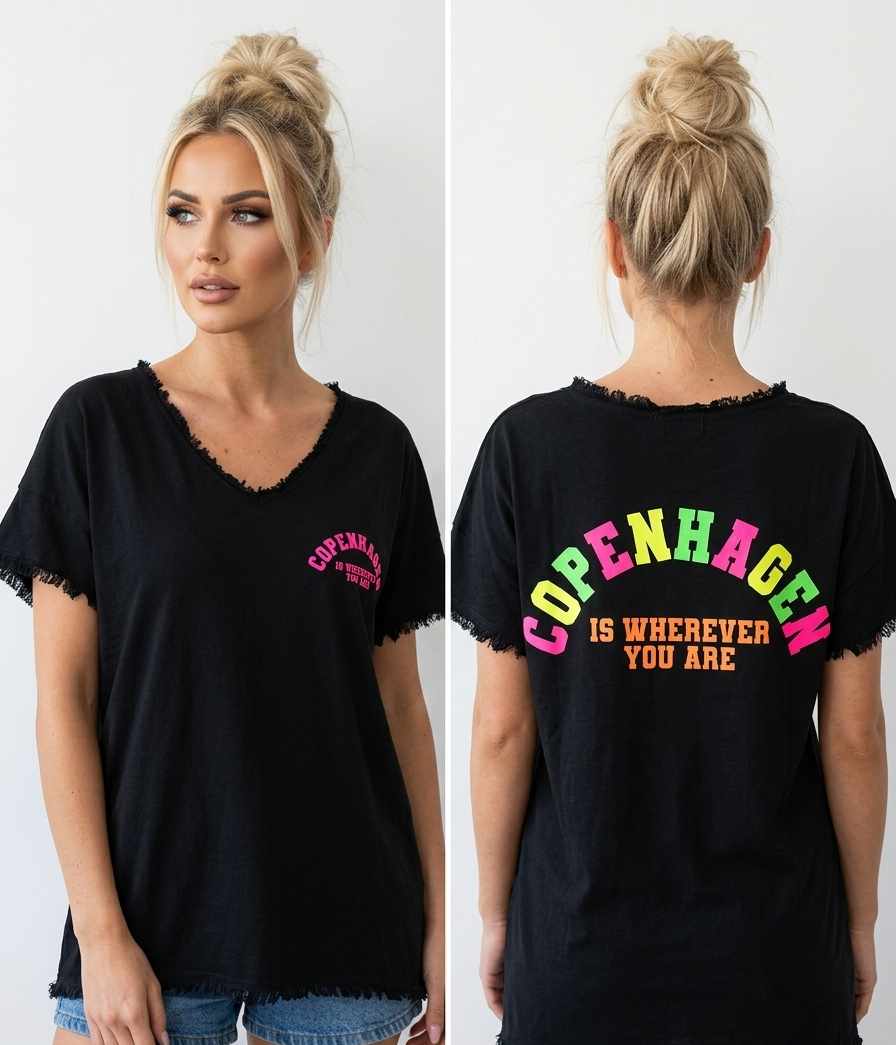 Statement T-Shirt "Copenhagen" | Neon-Print, V-Ausschnitt & Destroyed Look | Schwarz & Weiß