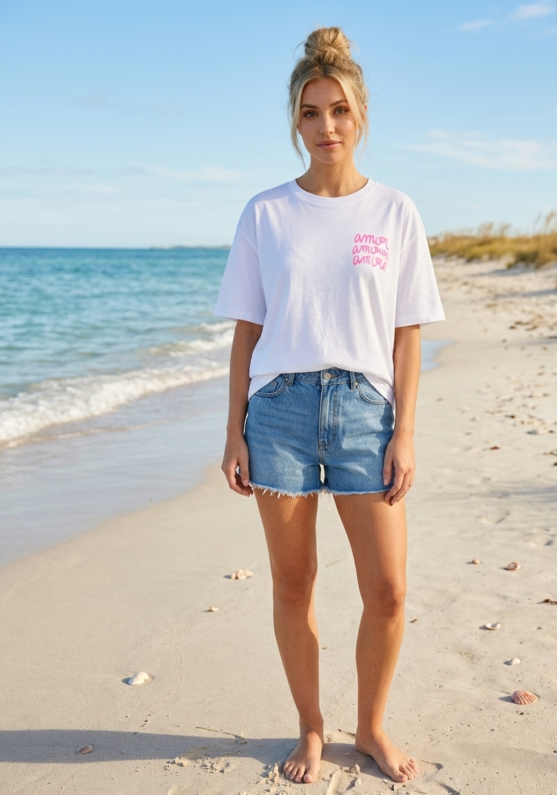 Oversize Statement T-Shirt "Amor Amour Amore" mit Rückenprint – Weiß | Gr. S–L