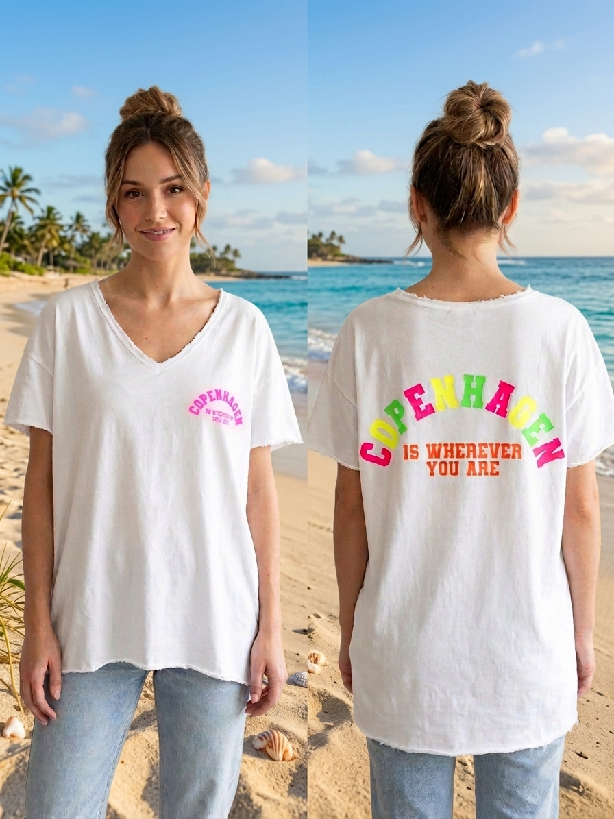 Statement T-Shirt "Copenhagen" | Neon-Print, V-Ausschnitt & Destroyed Look | Schwarz & Weiß