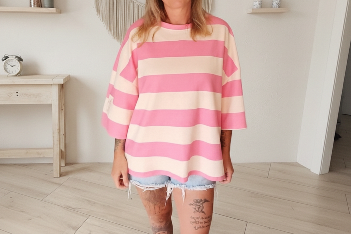 Boho-Luxe gestreiftes Damenoberteil in Rosa und Creme aus weichem Stoff.