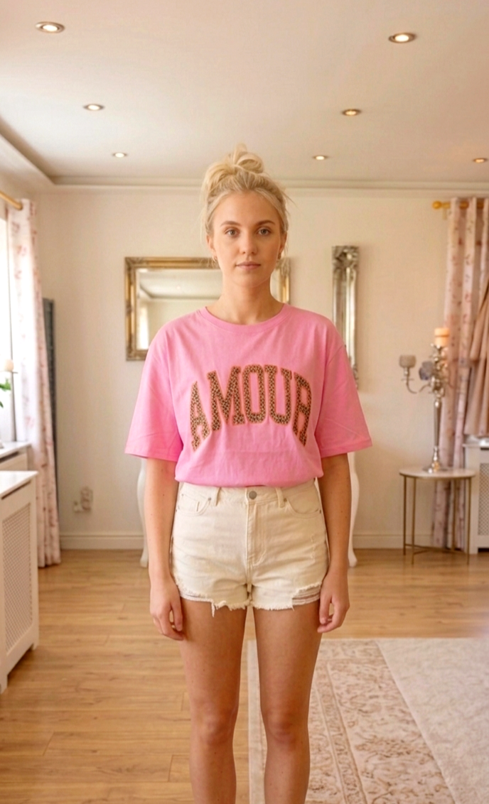 "AMOUR" Oversized T-Shirt ✨ Leo-Flockdruck | Gelb & Pink | S–L