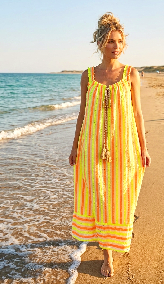 Luftiges Boho Strandkleid – Gelb-Orange mit Lochstickerei (S–L)