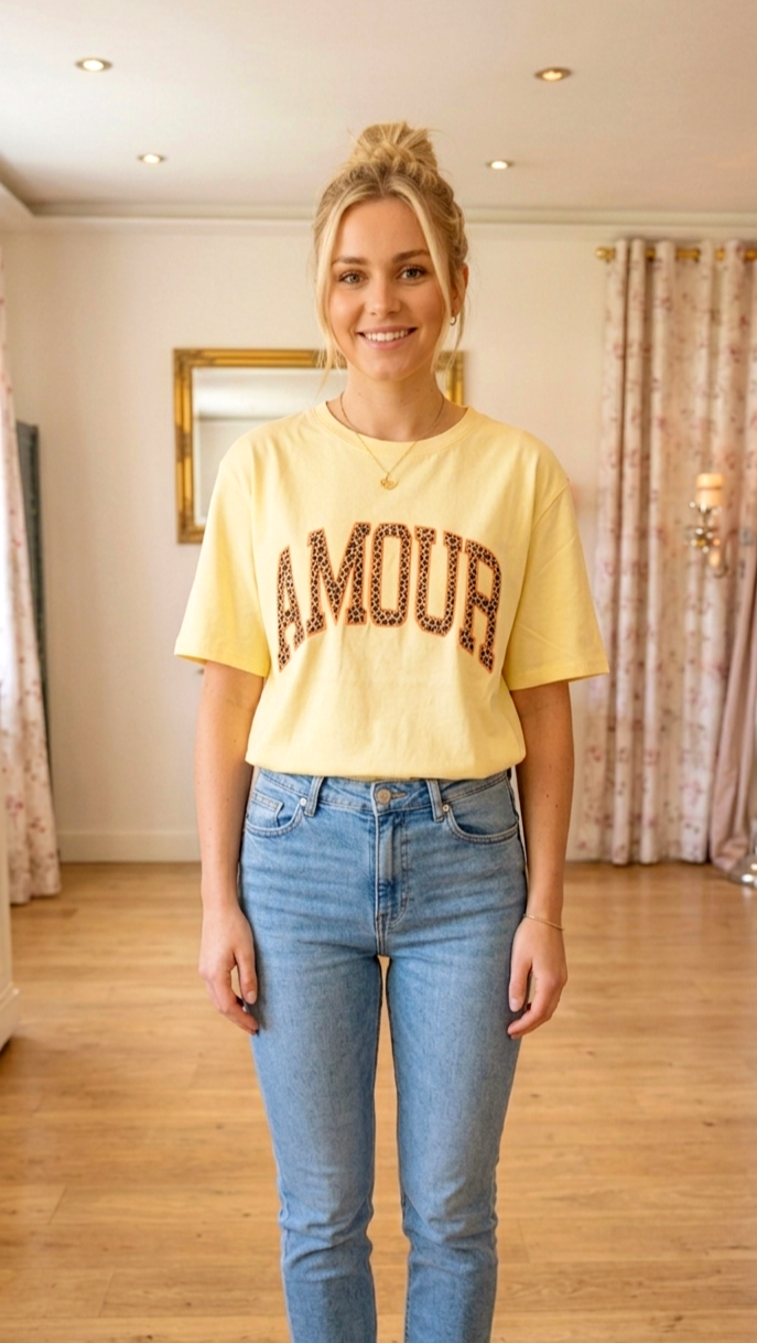 "AMOUR" Oversized T-Shirt ✨ Leo-Flockdruck | Gelb & Pink | S–L