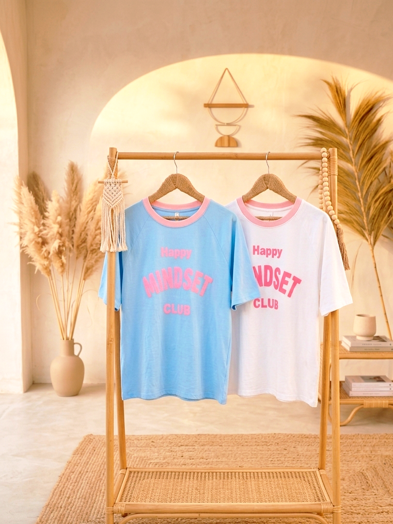 "Happy Mindset Club" T-Shirt ☀️ Vintage-Print | Hellblau & Weiß | S–L