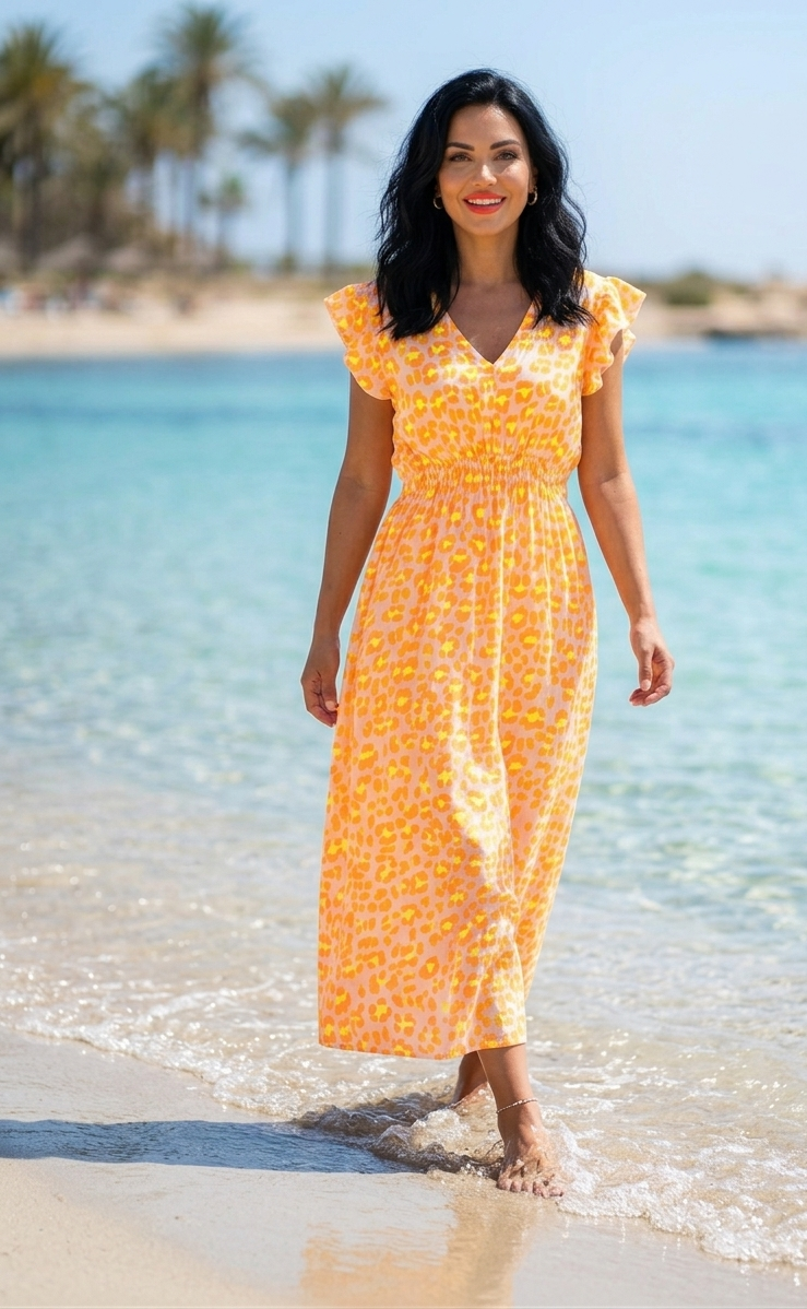 Maxikleid mit Animal-Print | Boho Strandkleid mit V-Ausschnitt & Flügelärmel | Grün, Pink, Orange