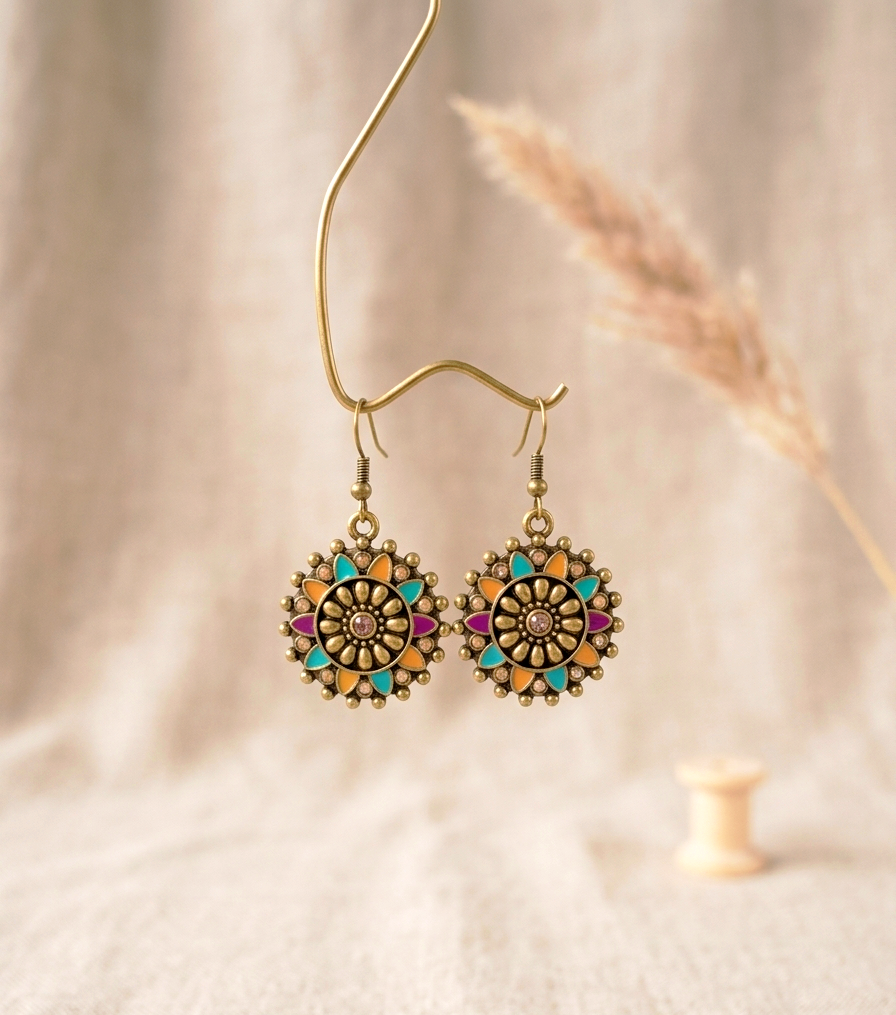 Boho Mandala Ohrringe im Vintage-Look – Farbenfroher Ethno-Schmuck in Türkis, Orange & Violett