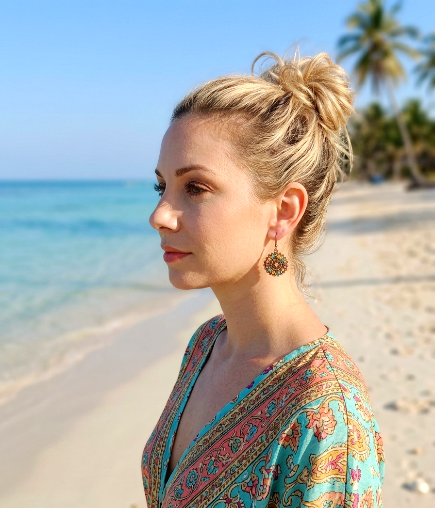 Boho Mandala Ohrringe im Vintage-Look – Farbenfroher Ethno-Schmuck in Türkis, Orange & Violett