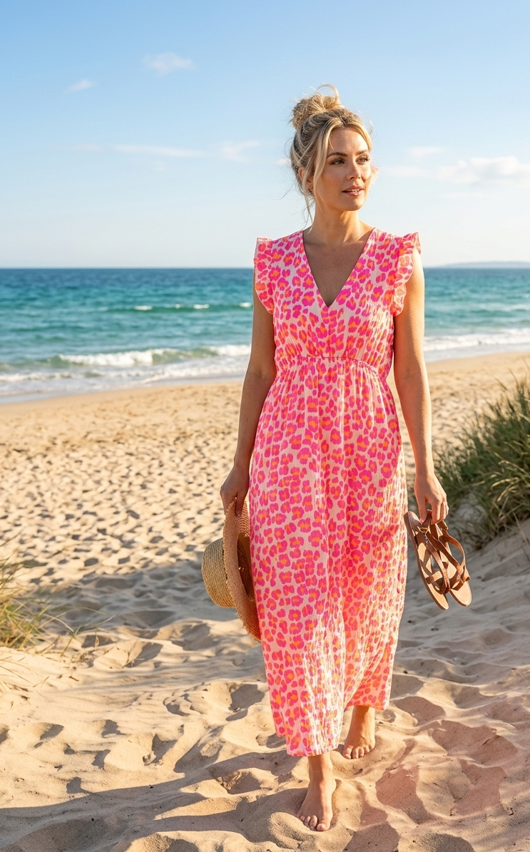 Maxikleid mit Animal-Print | Boho Strandkleid mit V-Ausschnitt & Flügelärmel | Grün, Pink, Orange