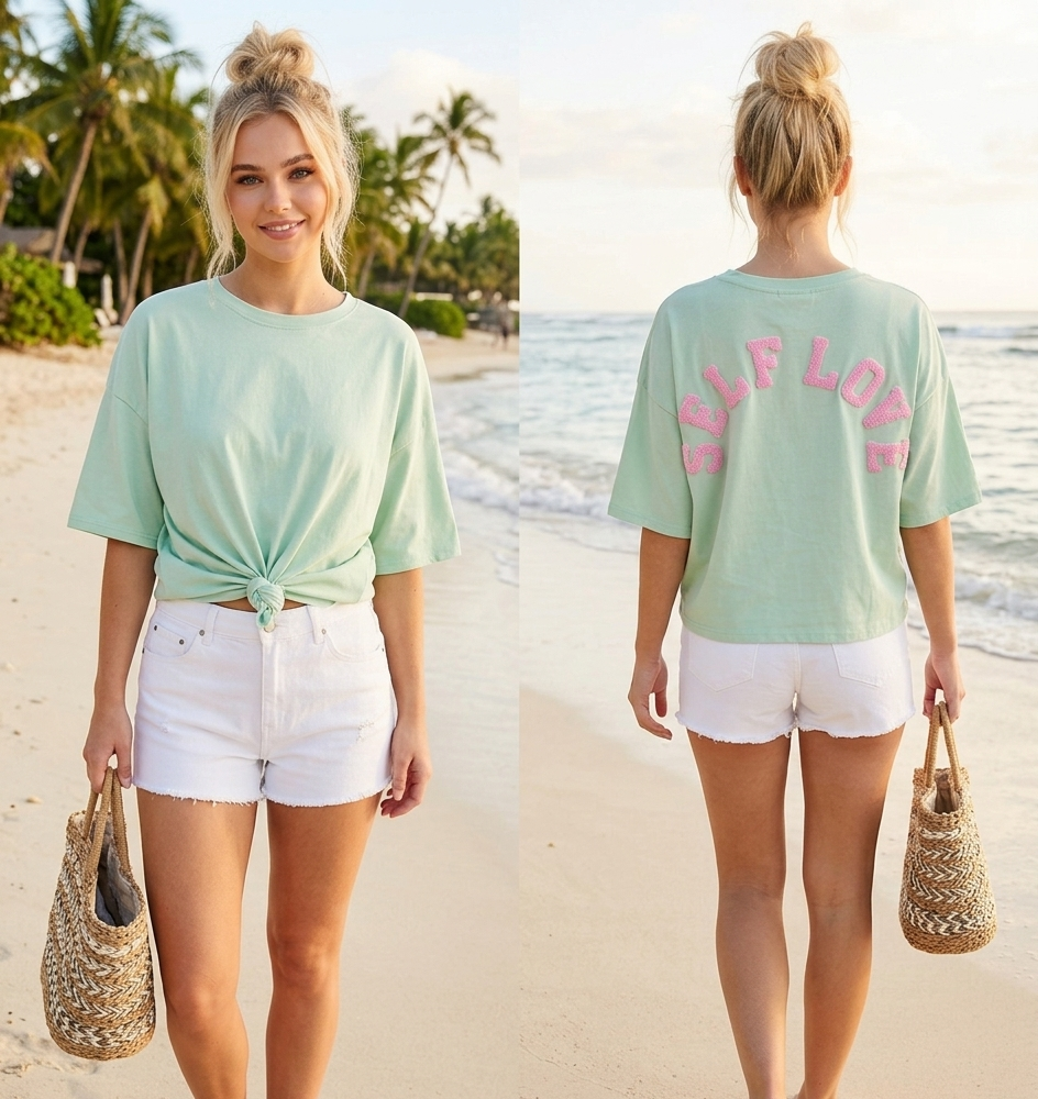 Oversize Statement T-Shirt „Self Love“ Mintgrün mit 3D-Schriftzug | Gr. S–L