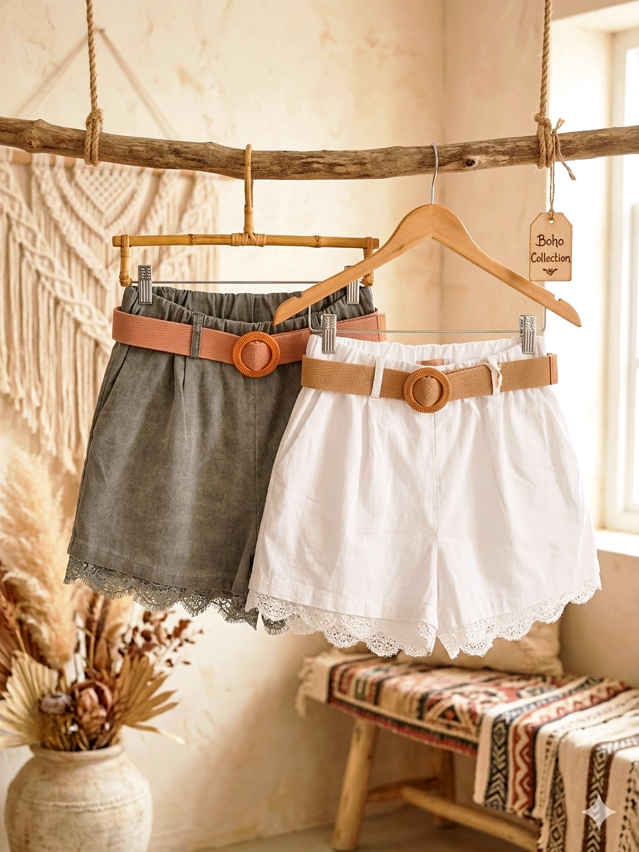 Sommer-Shorts mit Gürtel & Spitzensaum – Olive / Weiß | Onesize S–M