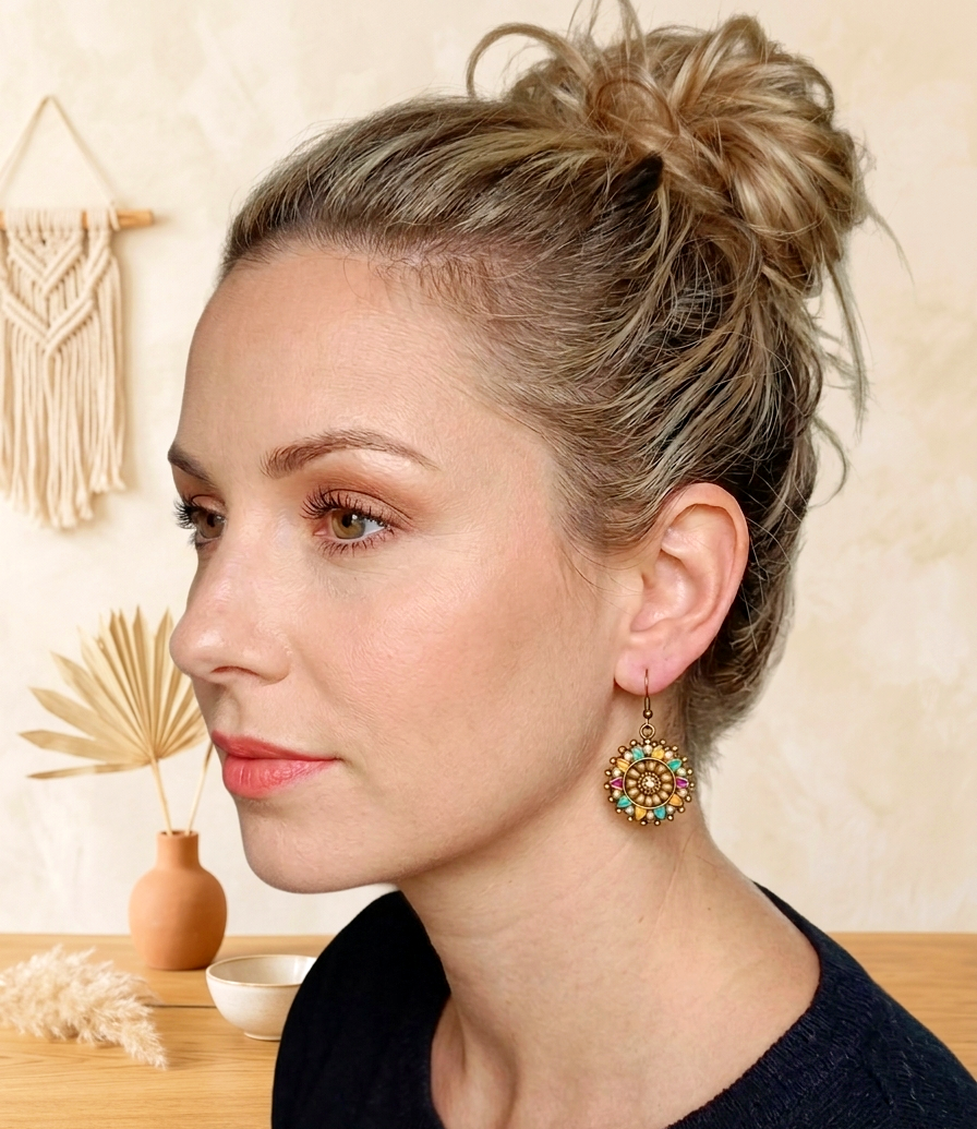 Boho Mandala Ohrringe im Vintage-Look – Farbenfroher Ethno-Schmuck in Türkis, Orange & Violett