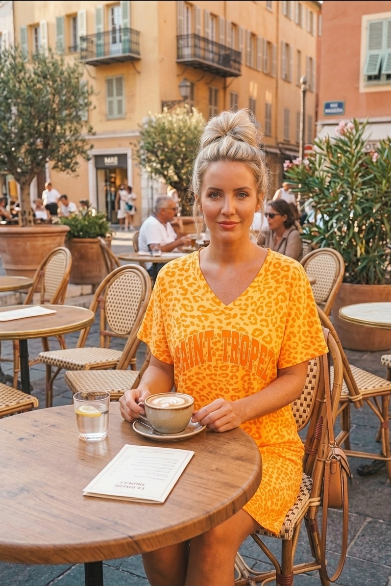 T-Shirt Kleid Saint Tropez mit Leoprint – Lässiges Sommerkleid in Pink & Gelb-Orange | Gr. S-L