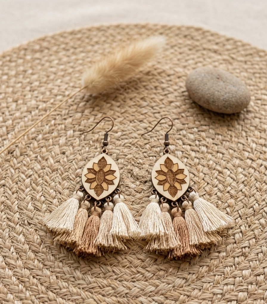 Boho Holz Ohrhänger Hook mit Quasten – Florales Ethno-Design in Naturtönen