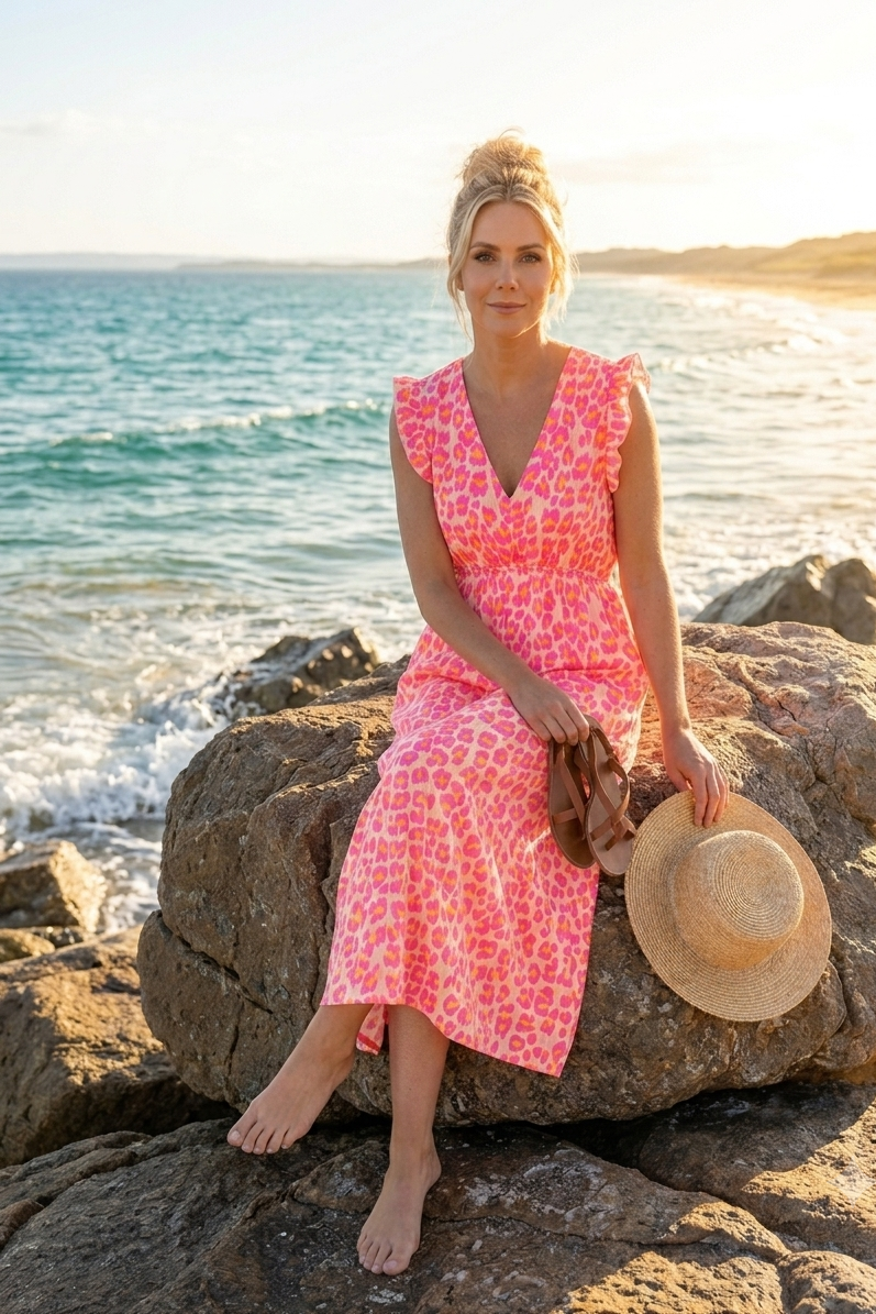 Boho-Luxe Damenkleid in Pink mit Leopardenmuster, leichtem Stoff, am Strand getragen