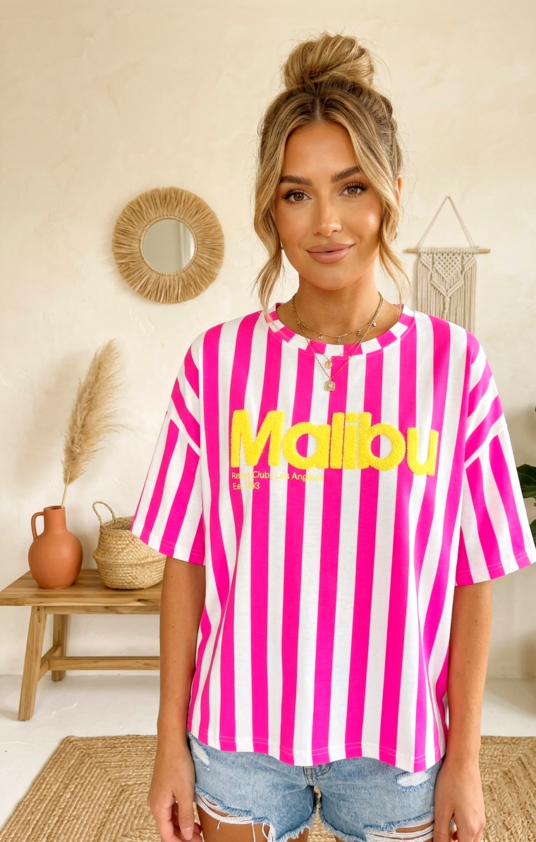 Malibu Oversize Shirt – Neon Pink Streifen