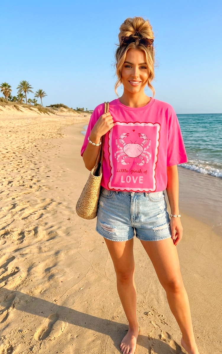 Statement T-Shirt Pinch of Love Pink mit Krebs-Print – Lässiges Sommer Shirt im Boho-Chic (Gr. S-L)