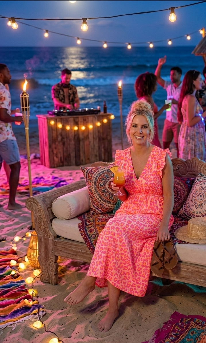 Maxikleid mit Animal-Print | Boho Strandkleid mit V-Ausschnitt & Flügelärmel | Grün, Pink, Orange
