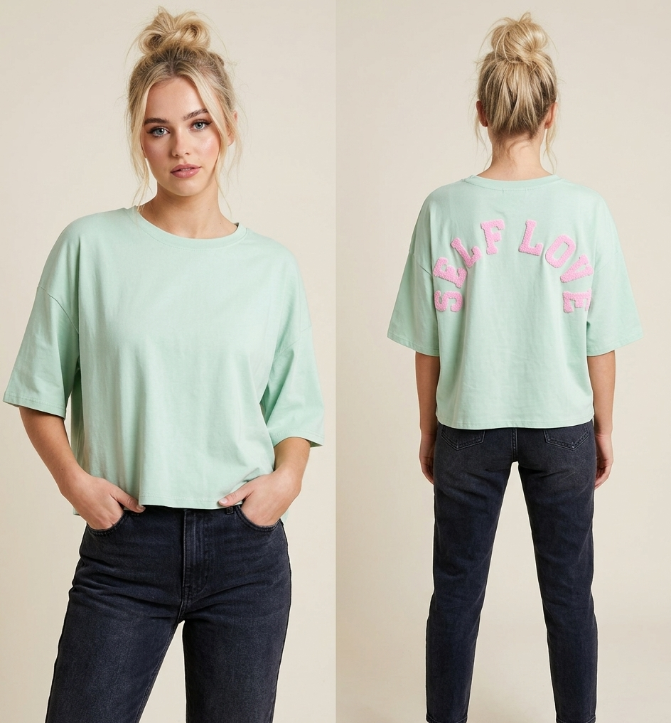 Oversize Statement T-Shirt „Self Love“ Mintgrün mit 3D-Schriftzug | Gr. S–L