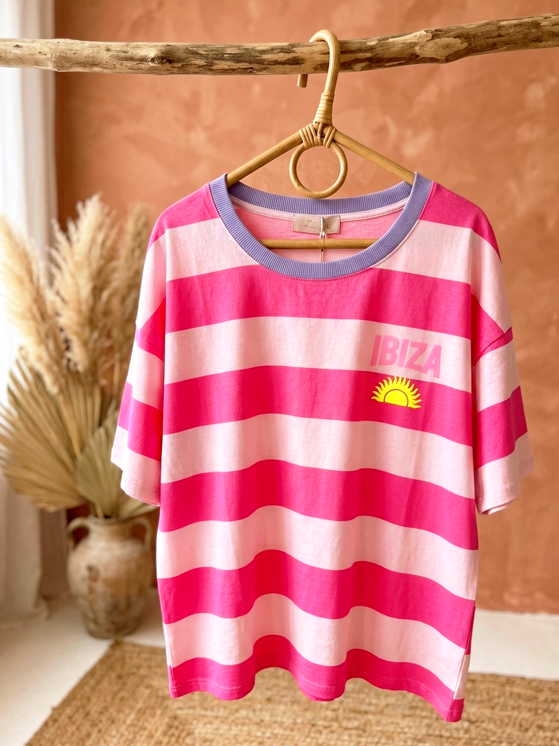 Oversize T-Shirt "Ibiza Vibes" ☀️ Blockstreifen Pink & Rosa | One Size bis L