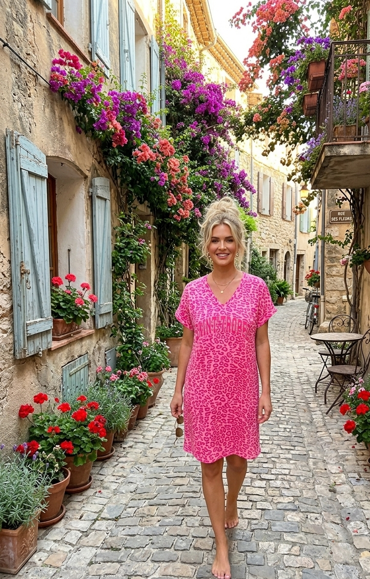 T-Shirt Kleid Saint Tropez mit Leoprint – Lässiges Sommerkleid in Pink & Gelb-Orange | Gr. S-L