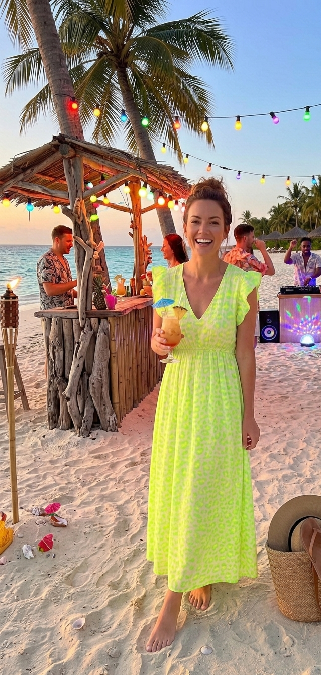 Maxikleid mit Animal-Print | Boho Strandkleid mit V-Ausschnitt & Flügelärmel | Grün, Pink, Orange