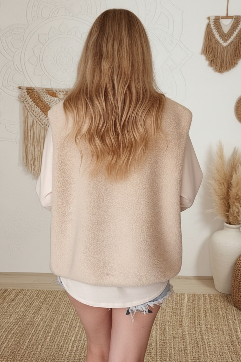 Beigefarbene Boho-Luxe Weste aus weichem Teddy-Fleece für Damen.